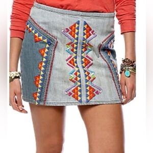 FREE PEOPLE Festival Aztec Tribal Embroidered Denim Mini Skirt